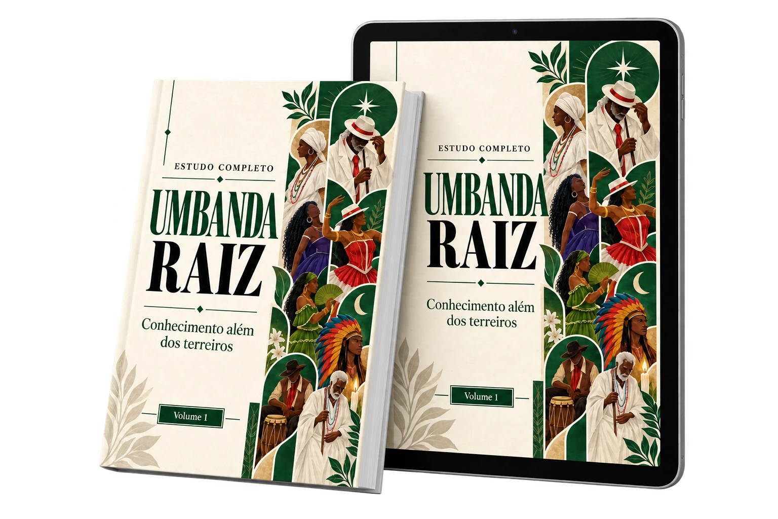 Mockup ilustrativo do Umbanda Raiz com a capa em livro e tablet