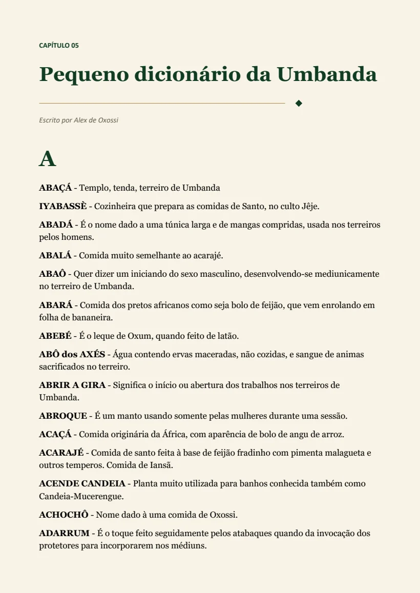 Página real do pequeno dicionário da Umbanda